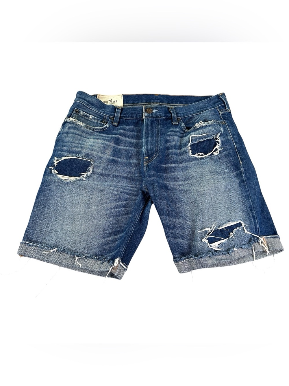 Hollister Men’s 32 Distressed Denim Bermuda Shorts Medium Wash Ripped Cutoff